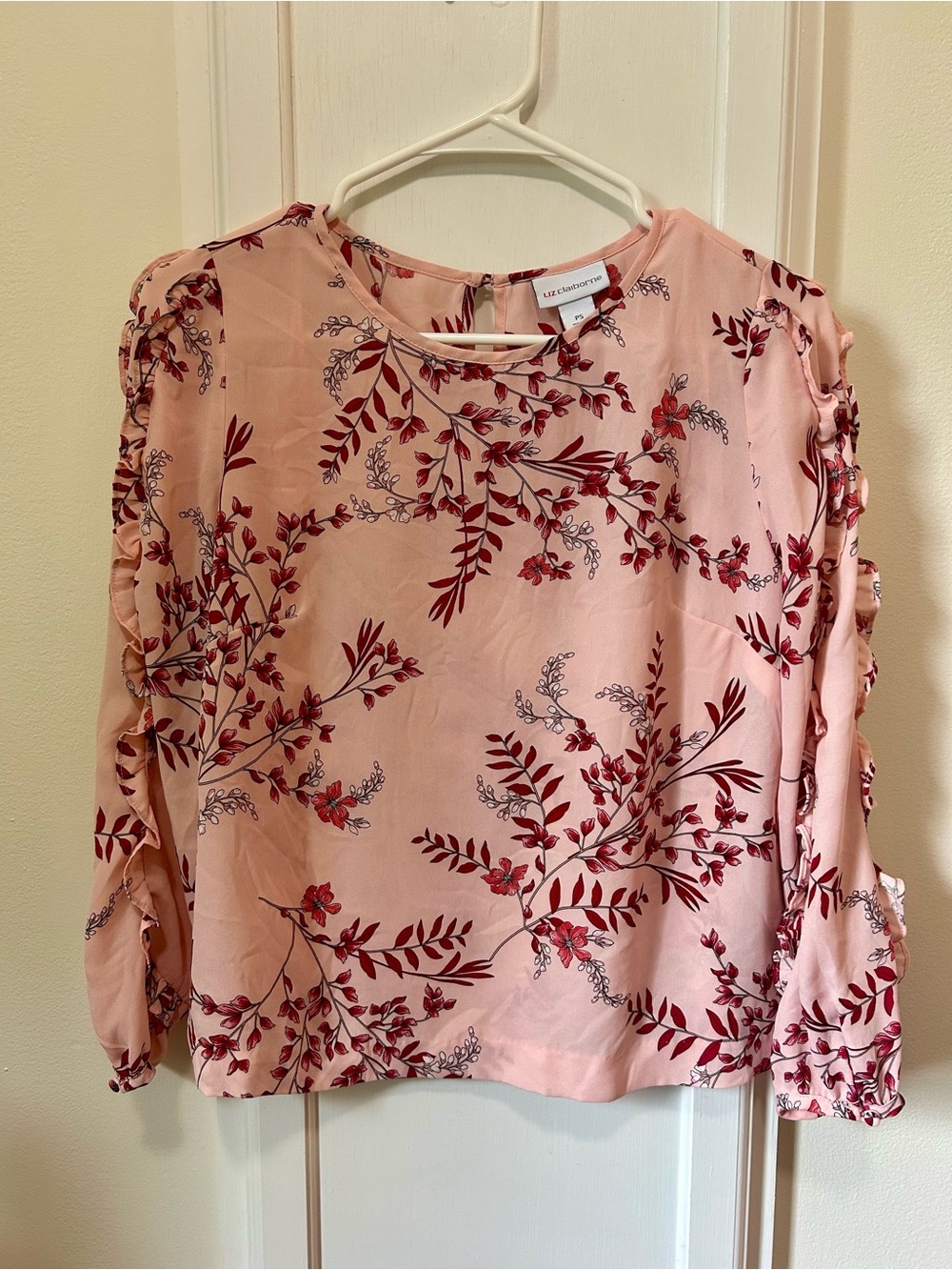 Liz Claiborne Pink Floral Ruffle Sleeve Blouse Top Petite Small PS